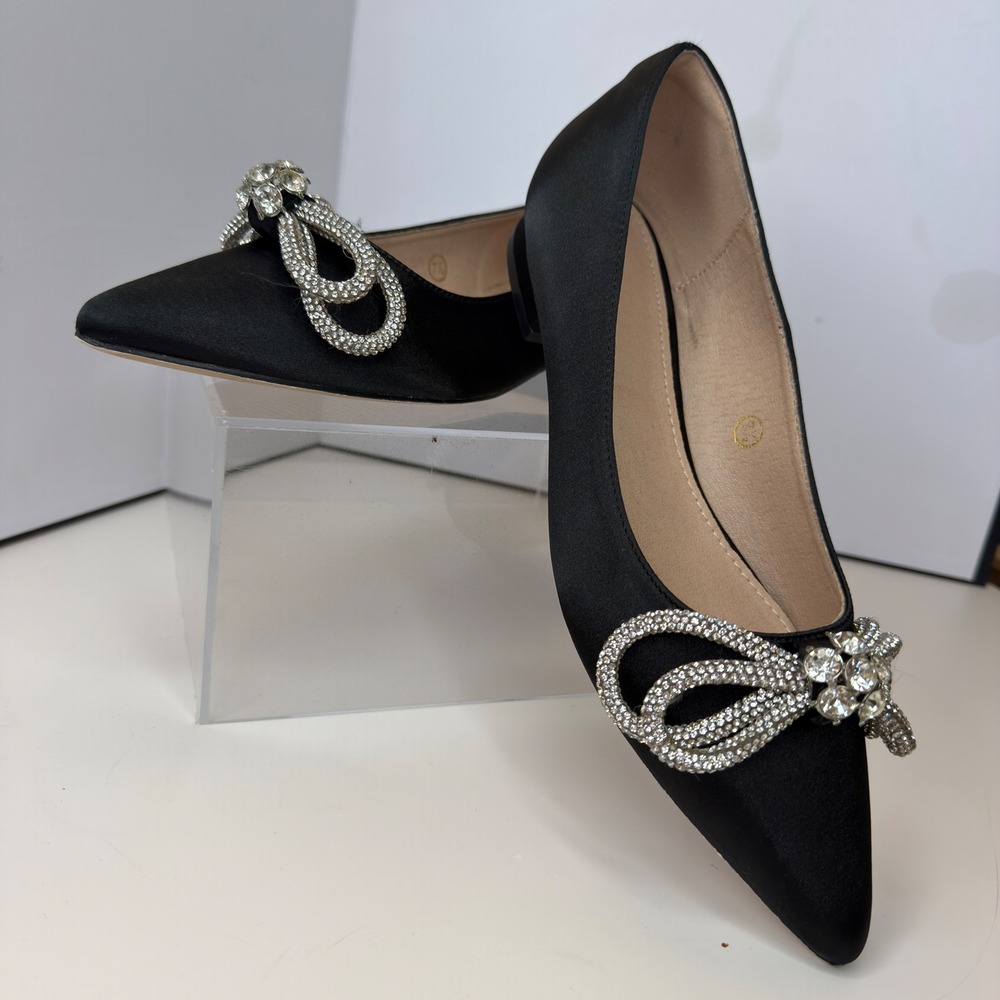Black Satin Pointed Toe Flats Rhinestone Bow‎ Embellished Evening Shoes 7.5